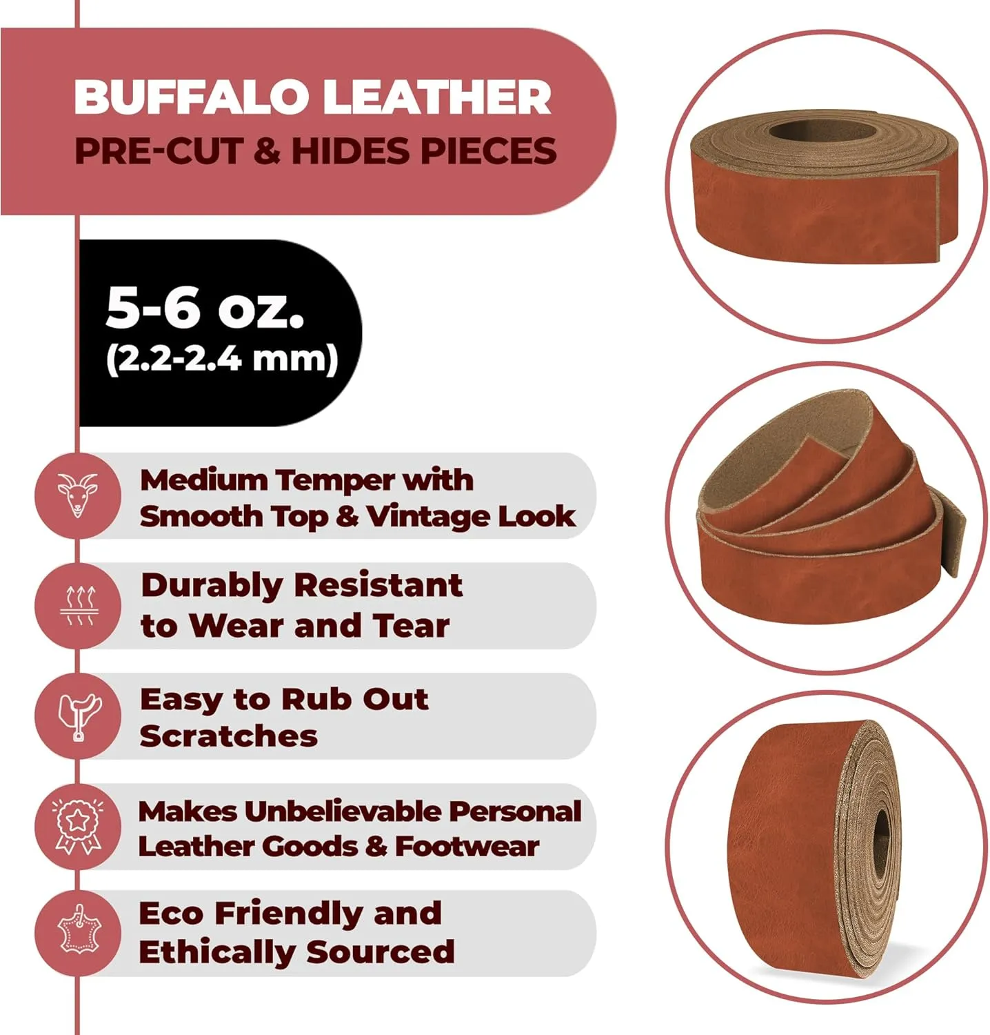 ELW Buffalo Hide Leather Strap 5-6 oz |1.25 Inch x 40 Inch|Color Hickory Leather Strips for Crafts, Leather Bag Straps, Leather for Belt Making, Leather Crafting, Blank Leather, Tooling Leather Roll
