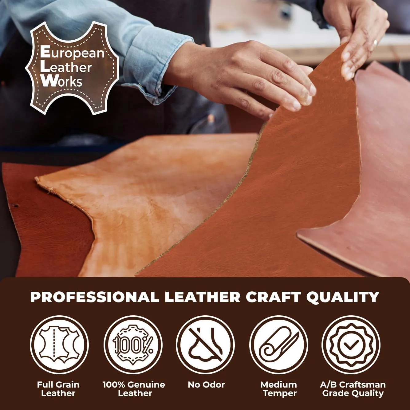 ELW Buffalo Hide Leather Strap 5-6 oz |1.25 Inch x 40 Inch|Color Hickory Leather Strips for Crafts, Leather Bag Straps, Leather for Belt Making, Leather Crafting, Blank Leather, Tooling Leather Roll