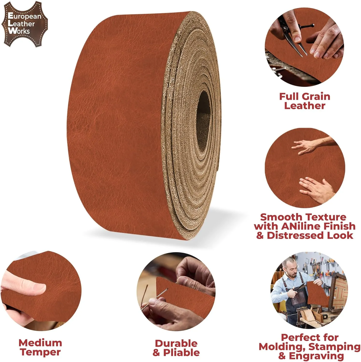 ELW Buffalo Hide Leather Strap 5-6 oz |1.25 Inch x 40 Inch|Color Hickory Leather Strips for Crafts, Leather Bag Straps, Leather for Belt Making, Leather Crafting, Blank Leather, Tooling Leather Roll