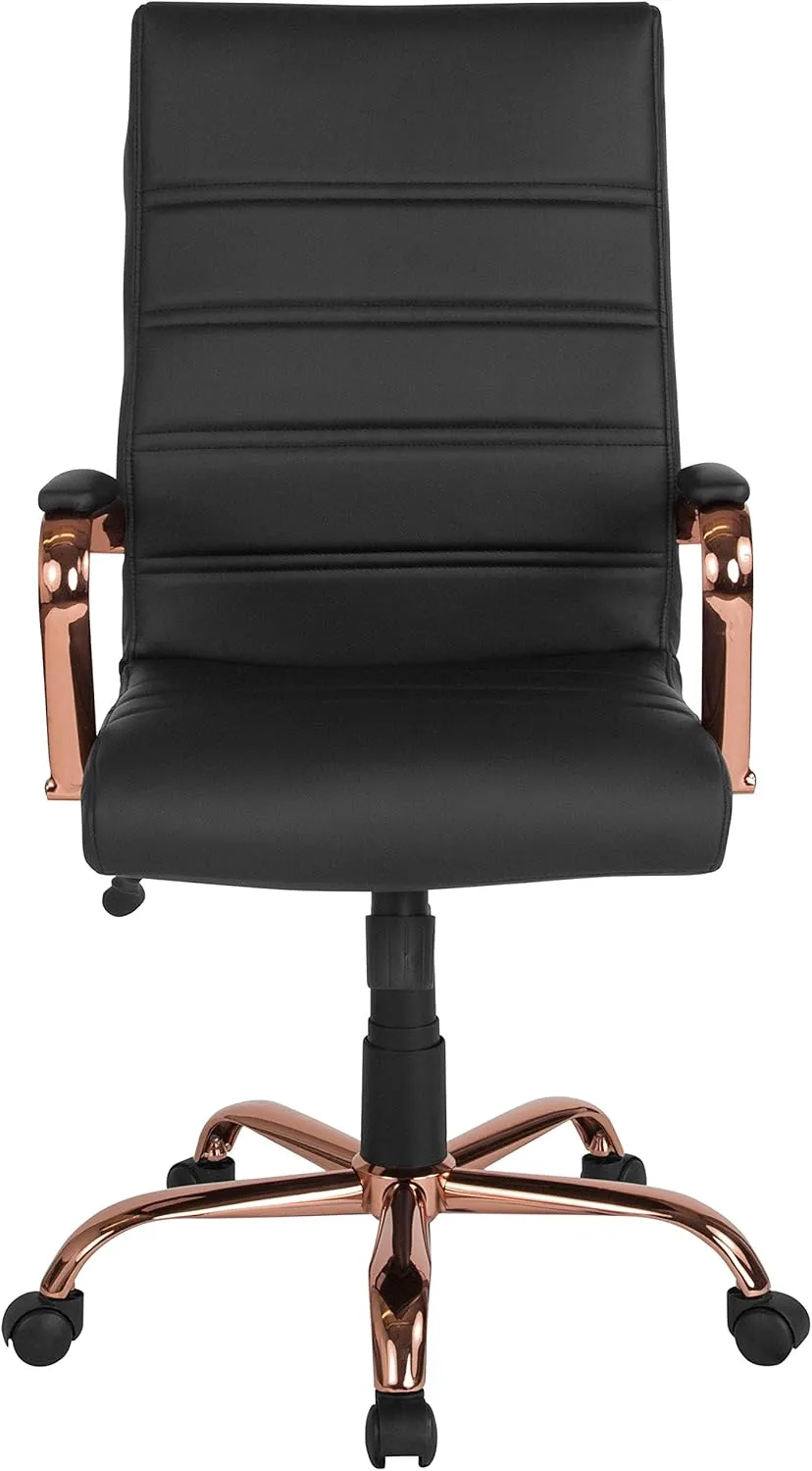 EMMA   OLIVER High Back Black LeatherSoft Executive Swivel Office Chair - Rose Gold Frame/Arms
