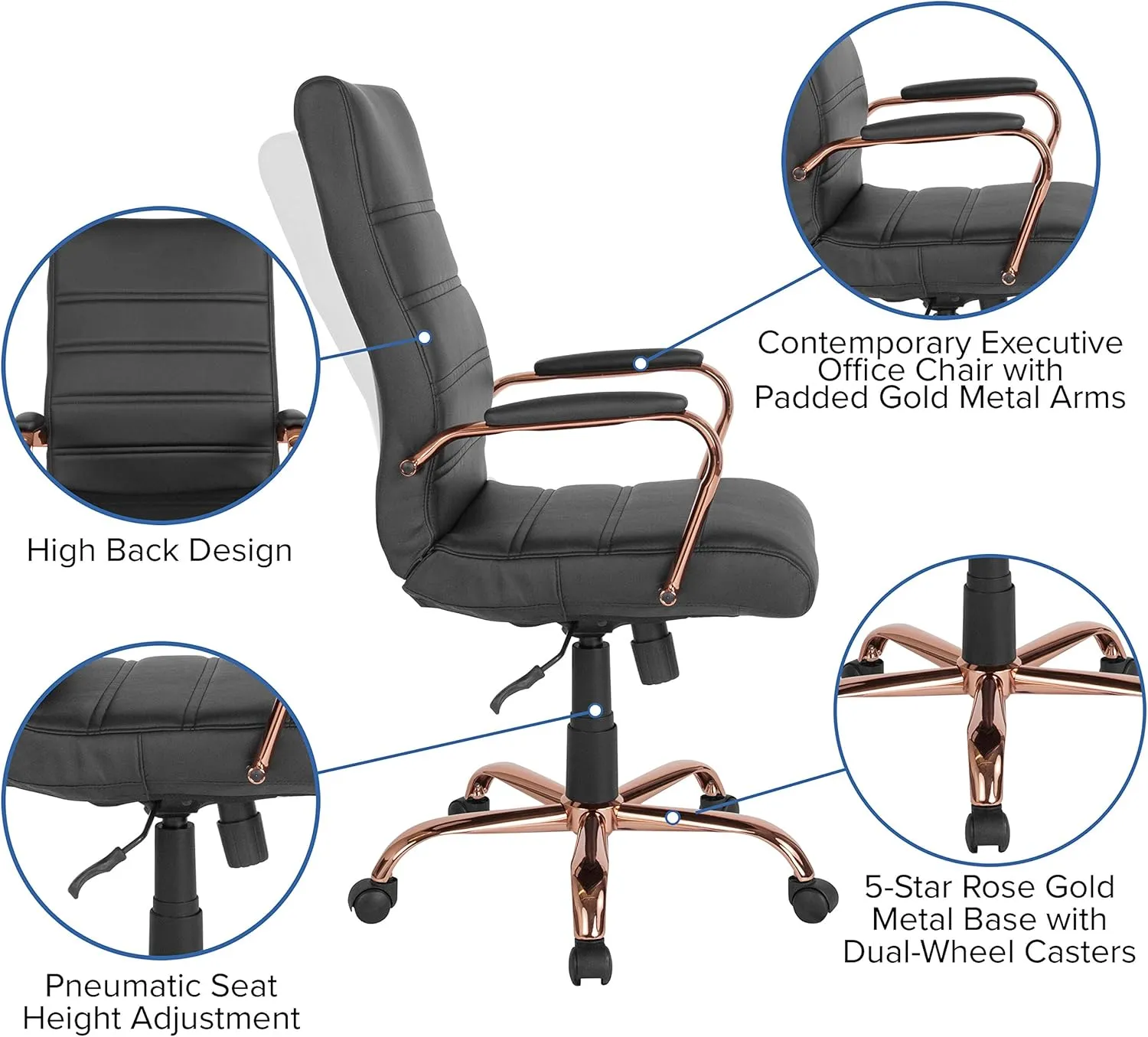 EMMA   OLIVER High Back Black LeatherSoft Executive Swivel Office Chair - Rose Gold Frame/Arms
