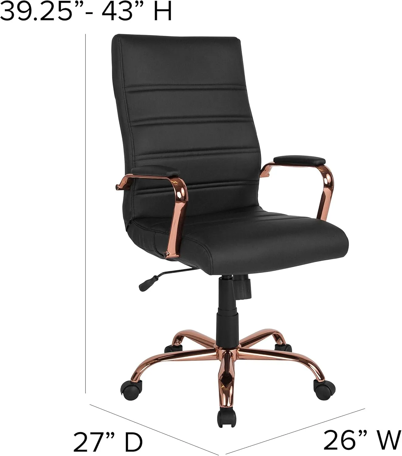 EMMA   OLIVER High Back Black LeatherSoft Executive Swivel Office Chair - Rose Gold Frame/Arms