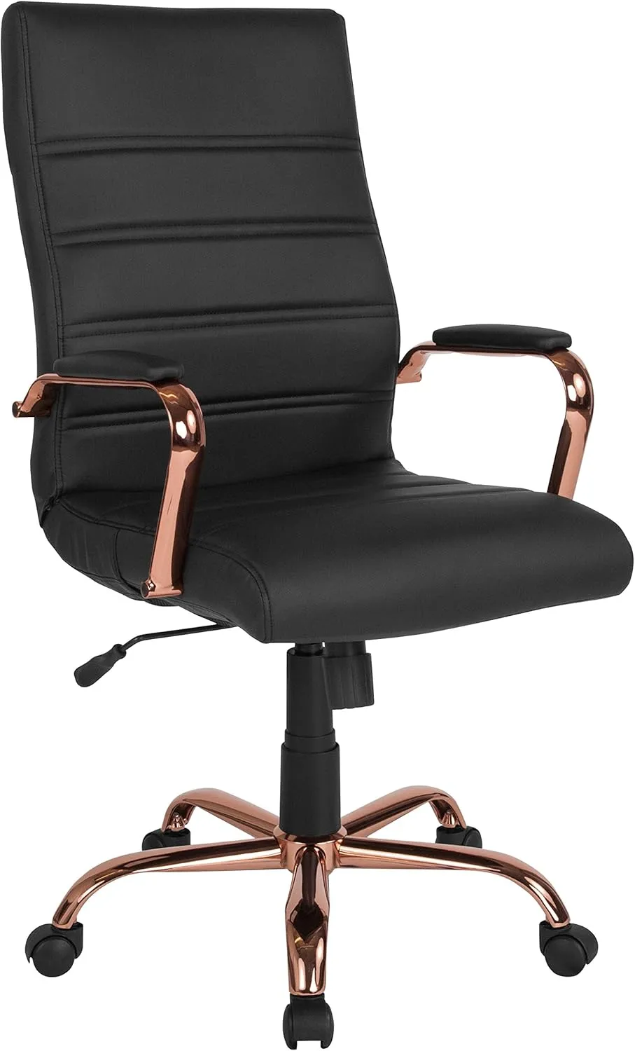 EMMA   OLIVER High Back Black LeatherSoft Executive Swivel Office Chair - Rose Gold Frame/Arms
