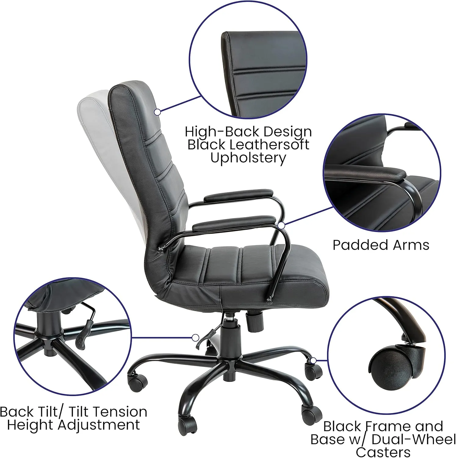 EMMA   OLIVER High Back Black LeatherSoft Executive Swivel Office Chair with Black Frame/Arms