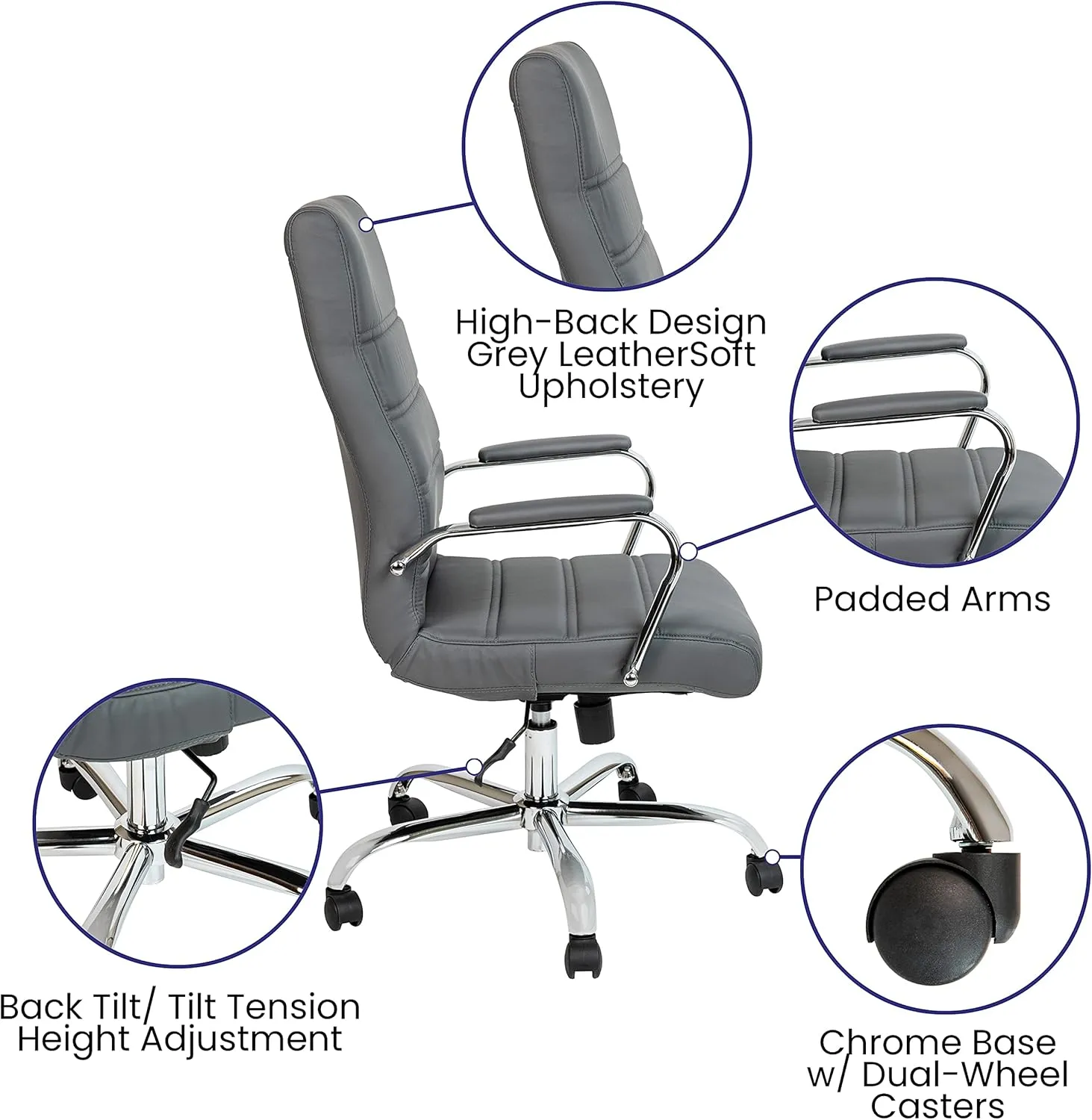 EMMA   OLIVER High Back Gray LeatherSoft Executive Swivel Office Chair with Chrome Frame/Arms
