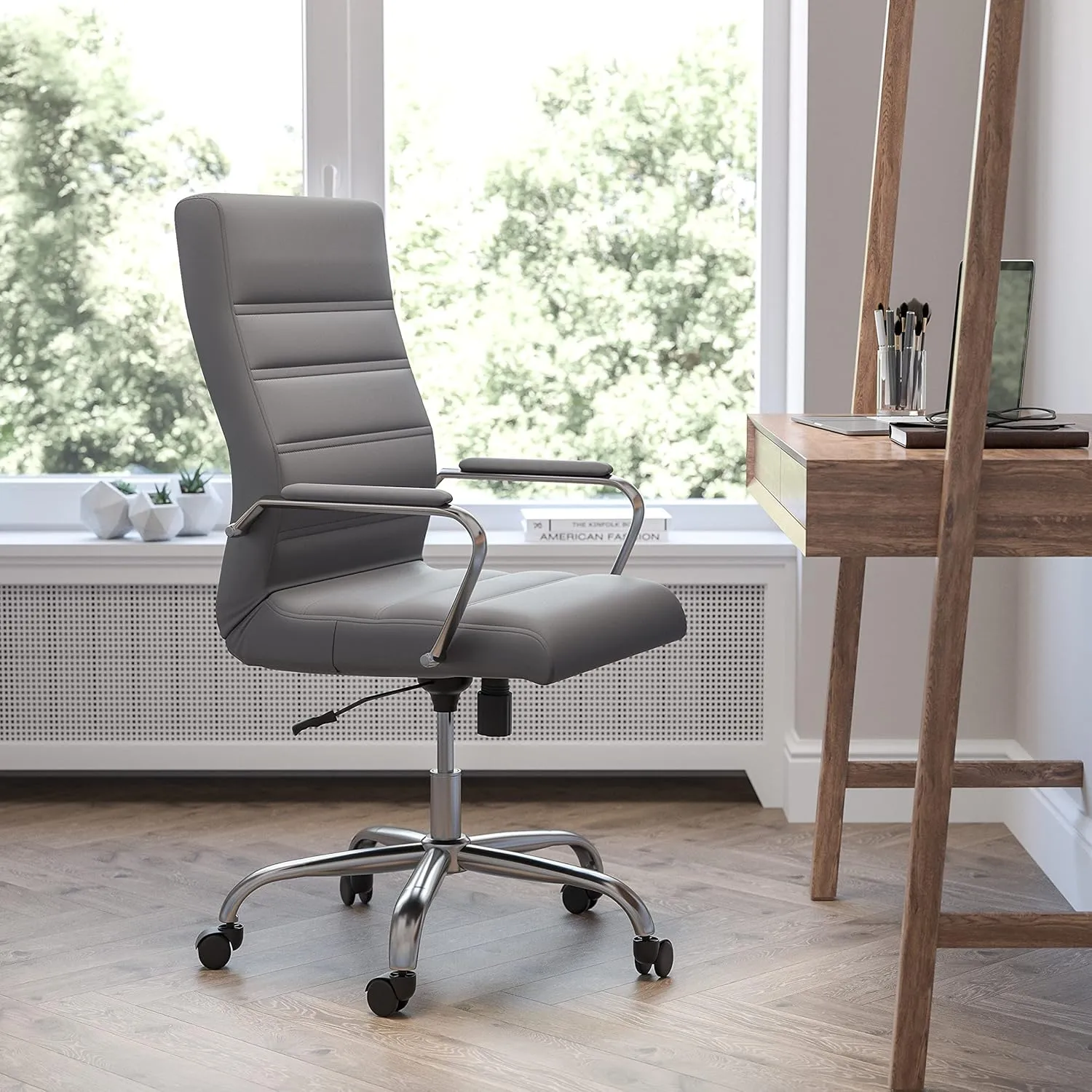 EMMA   OLIVER High Back Gray LeatherSoft Executive Swivel Office Chair with Chrome Frame/Arms
