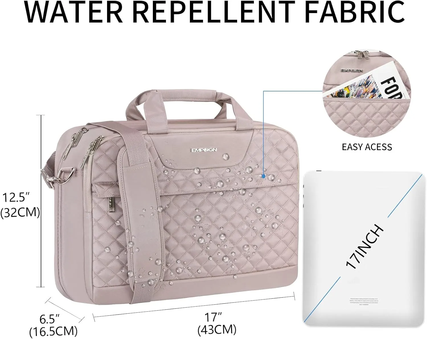 EMPSIGN 17.3 Inch Laptop Bag, Large Capacity Expandable Briefcase for Women & Men Business Office, Water-Repellent Laptop Case Travel Computer Bag with RFID Pockets, Dusty Pink