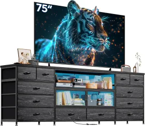 EnHomee 71" W TV Stand for Bedroom for 85/80/75 Inch TV with LED & Charging Station, Sturdy Long Dresser with 12 Fabric Drawer & Mesh Door & Open Shelf, Large TV Console for Bedroom, Black