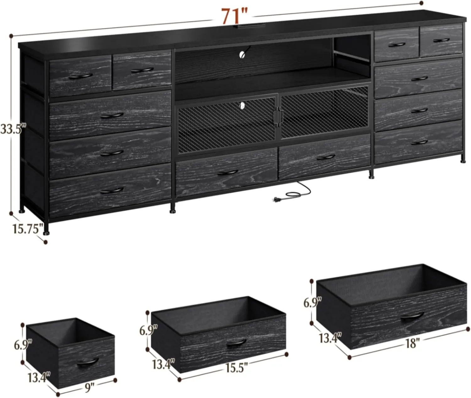 EnHomee 71" W TV Stand for Bedroom for 85/80/75 Inch TV with LED & Charging Station, Sturdy Long Dresser with 12 Fabric Drawer & Mesh Door & Open Shelf, Large TV Console for Bedroom, Black