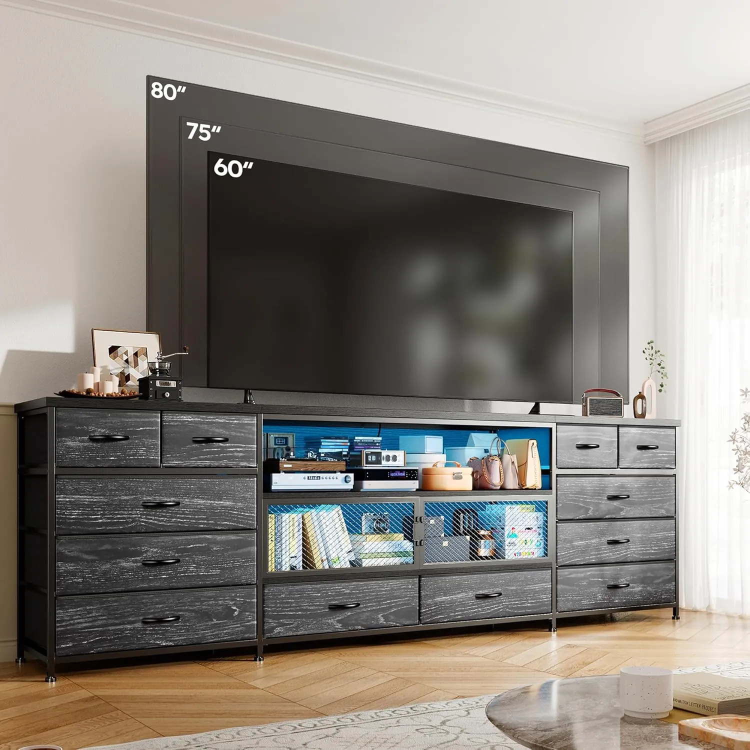 EnHomee 71" W TV Stand for Bedroom for 85/80/75 Inch TV with LED & Charging Station, Sturdy Long Dresser with 12 Fabric Drawer & Mesh Door & Open Shelf, Large TV Console for Bedroom, Black