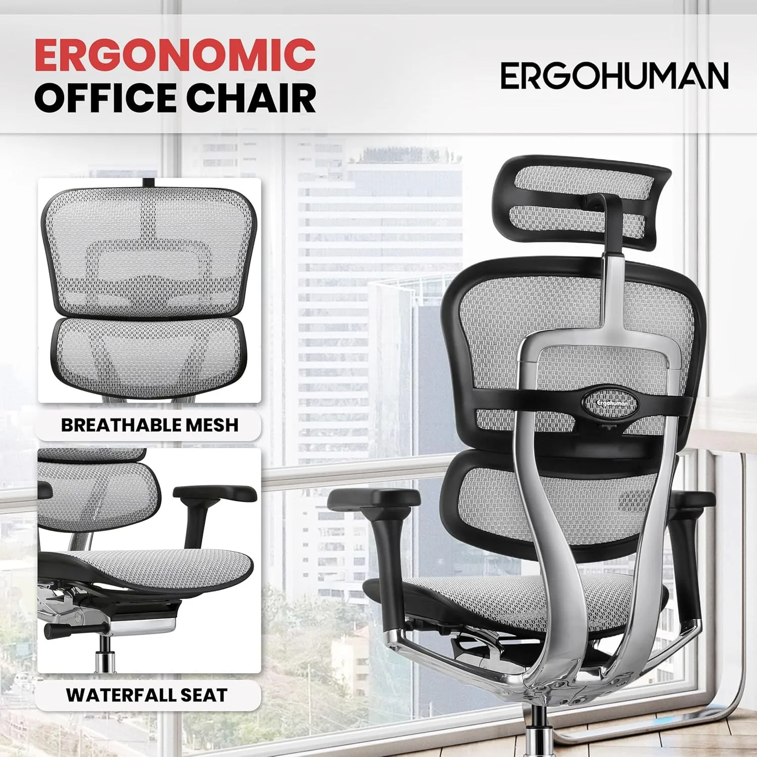 Ergohuman Eurotech GEN2 High Back, Mesh Executive Office Chair with Adjustable Lumbar Support – Ergonomic Tilt Control, Seat Slider, Armrests and Headrest Adjustment, Grey