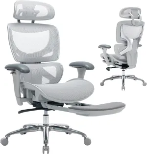 Ergonomic Mesh Office Chair with Footrest, High Back Computer Executive Desk Chair with Lumbar Support, Adjustable Headrest and 4D Arms, Tilt Lock-Grey