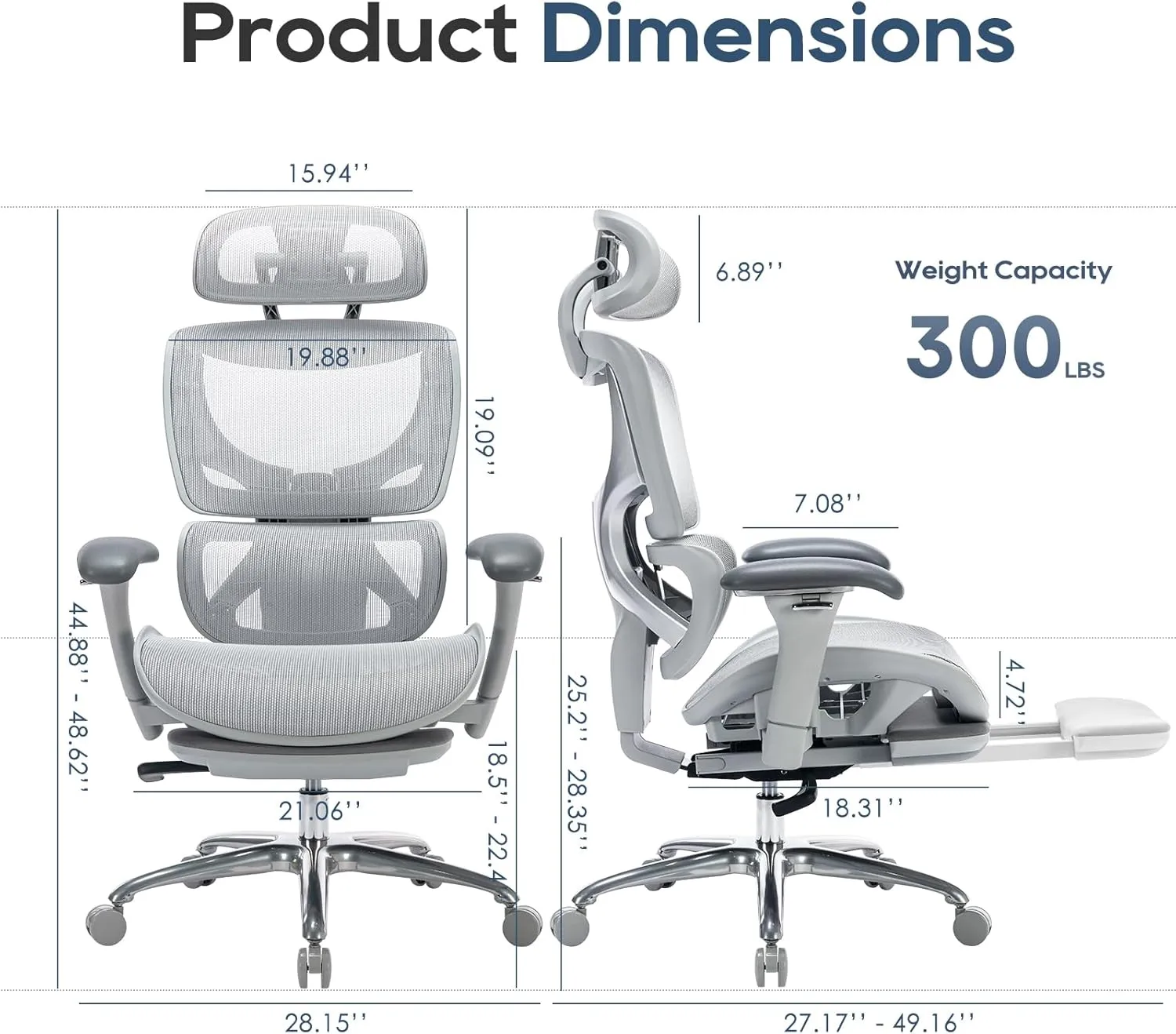 Ergonomic Mesh Office Chair with Footrest, High Back Computer Executive Desk Chair with Lumbar Support, Adjustable Headrest and 4D Arms, Tilt Lock-Grey