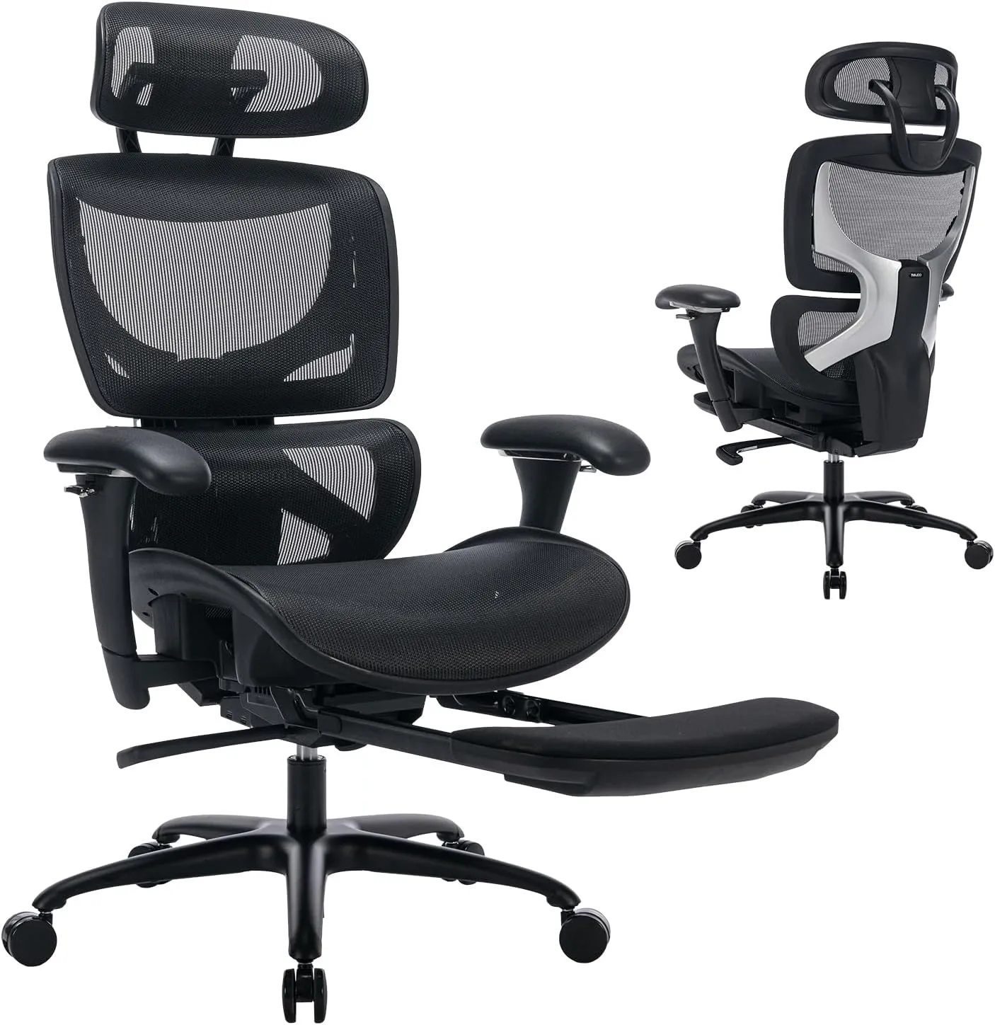 Ergonomic Mesh Office Chair with Footrest, High Back Computer Executive Desk Chair with Wide Headrest and Adjustable Backrest, Armrests-Black