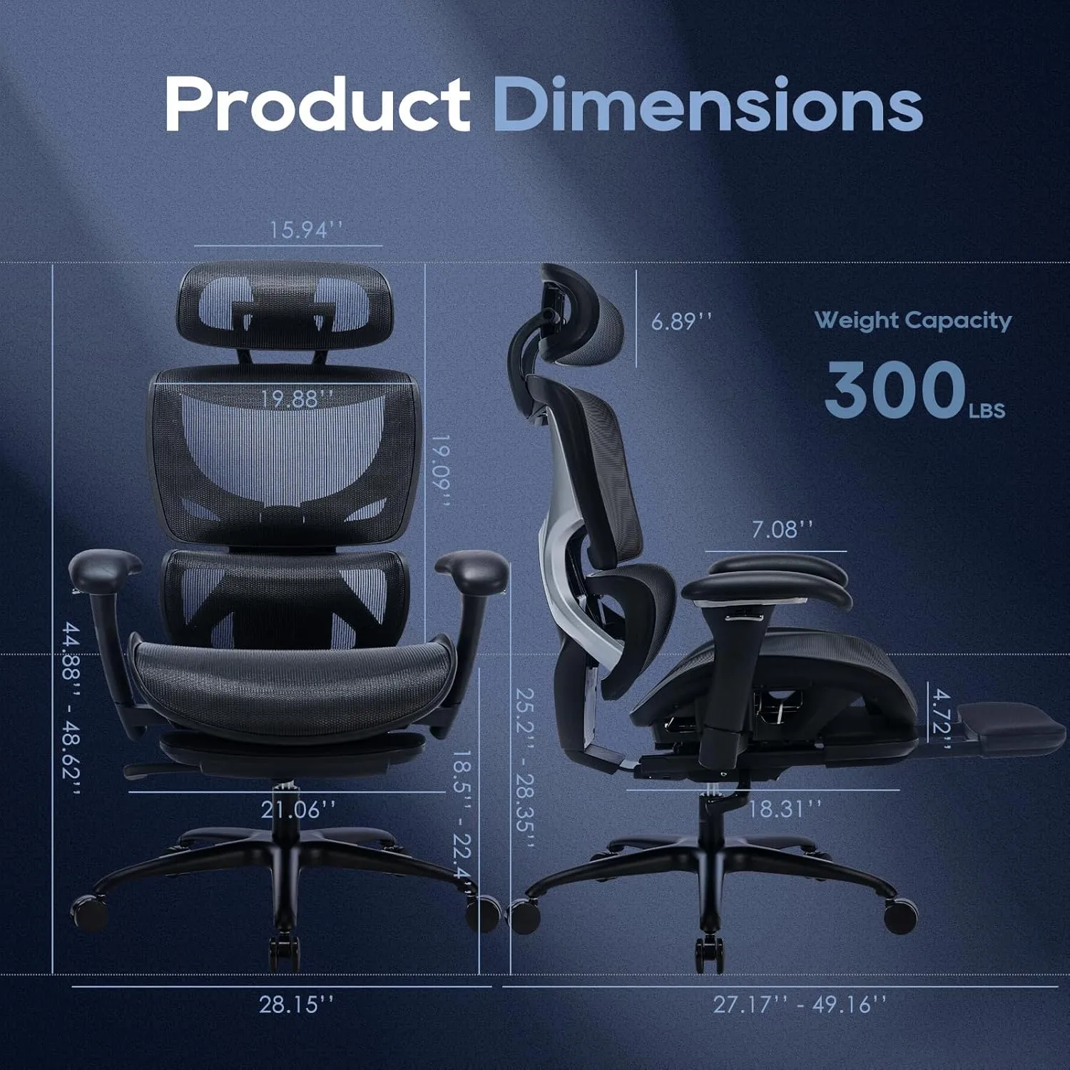 Ergonomic Mesh Office Chair with Footrest, High Back Computer Executive Desk Chair with Wide Headrest and Adjustable Backrest, Armrests-Black