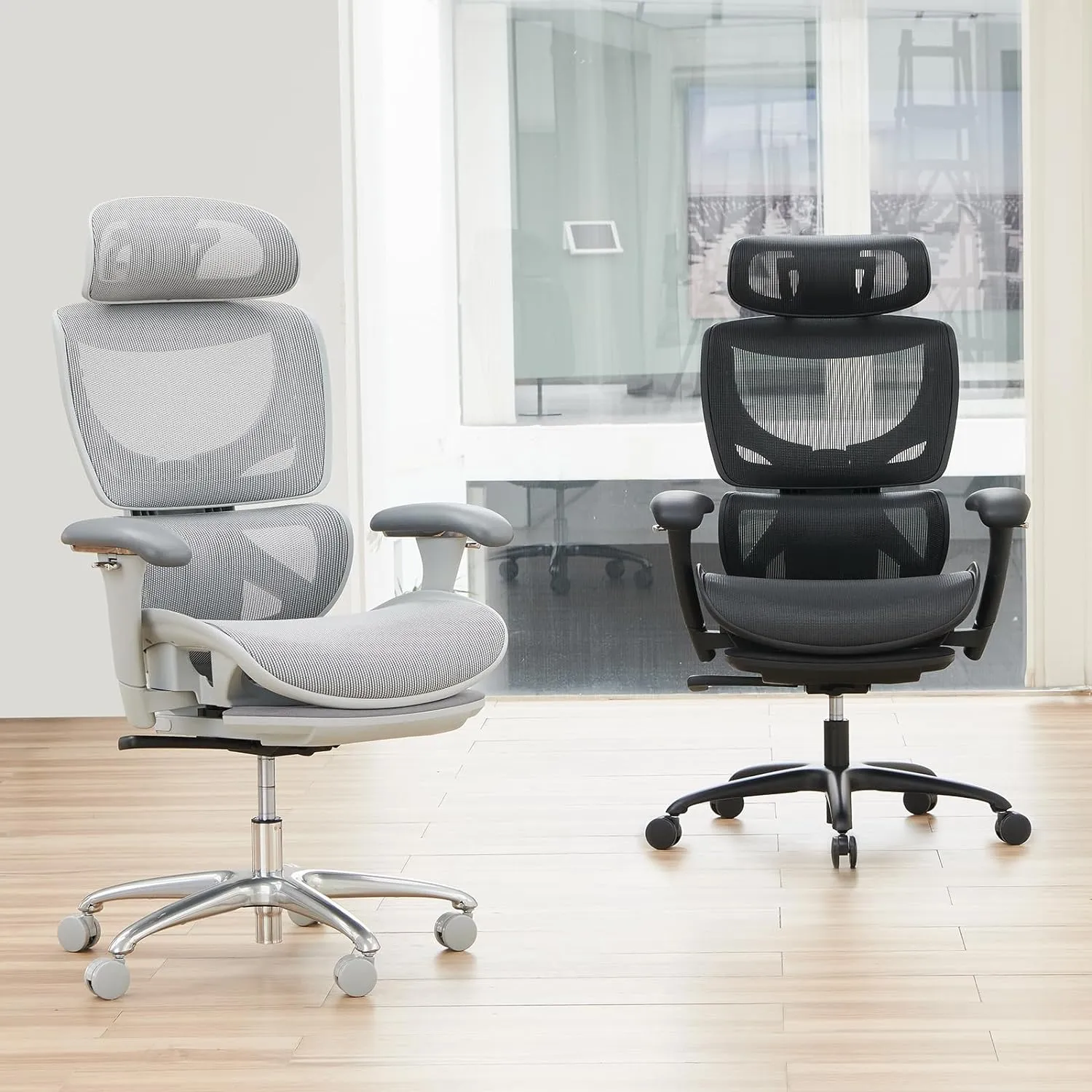 Ergonomic Mesh Office Chair with Footrest, High Back Computer Executive Desk Chair with Wide Headrest and Adjustable Backrest, Armrests-Black