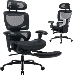 Ergonomic Mesh Office Chair with Footrest, High Back Computer Executive Desk Chair with Wide Headrest and Adjustable Backrest, Armrests-Black