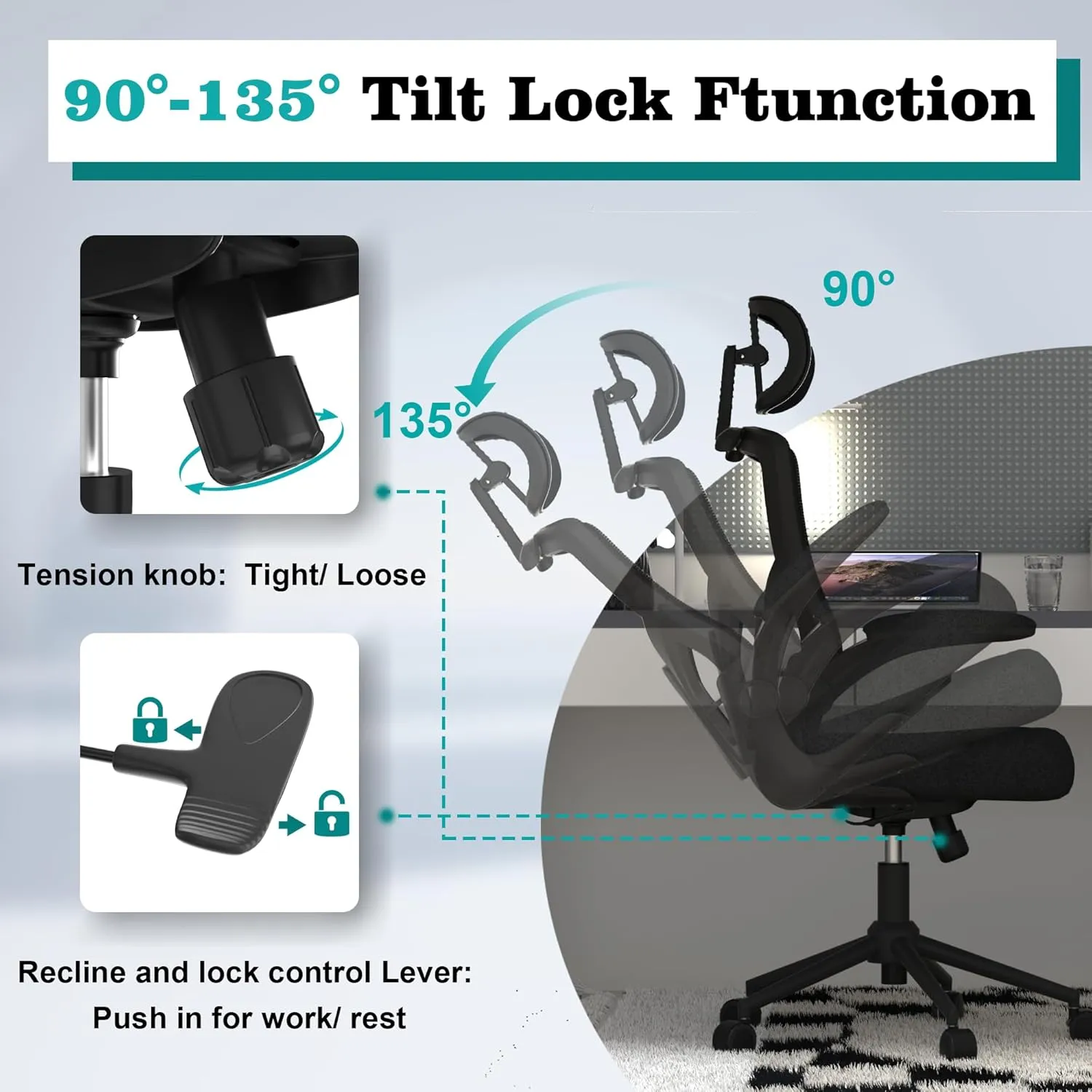 Ergonomic Office Chair, High Back Mesh Desk Chair with Molded Foam Cushion, Adjustable Headrest, Lumbar Support, Lock Function (All Black)