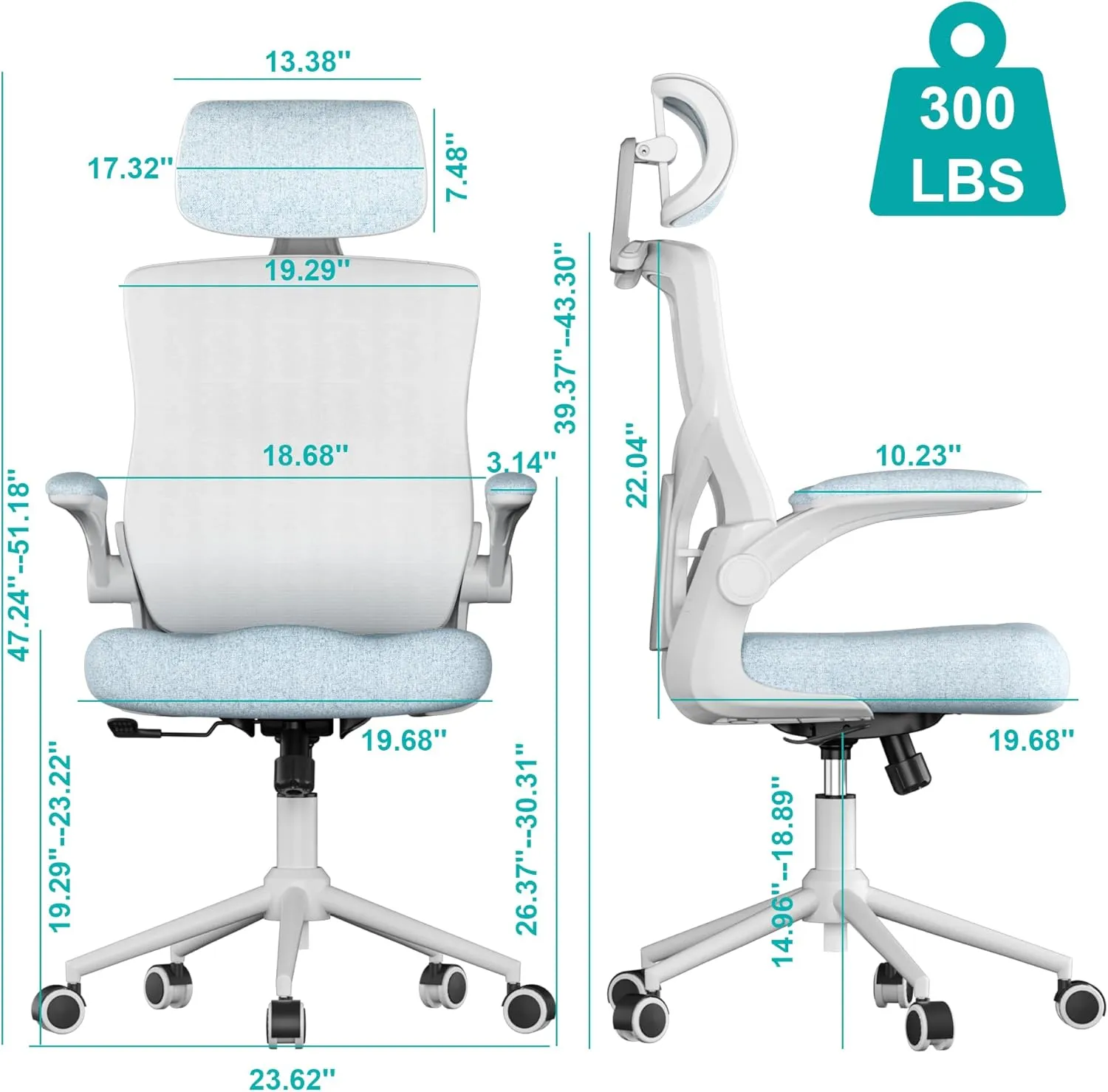 Ergonomic Office Chair, High Back Mesh Desk Chair with Thick Molded Foam Cushion, Coat Hanger, Adjustable Headrest, Lumbar Support, Tilt & Lock Function-Task Chair (Carolina Blue)