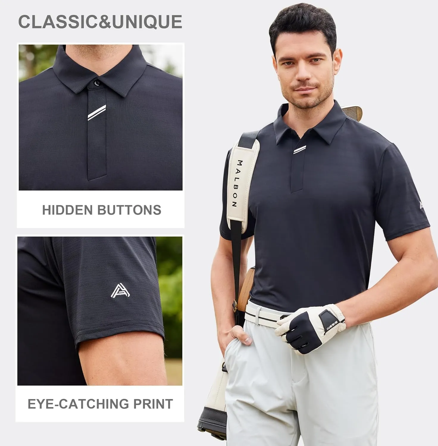 Esabel.C Jacquard Golf Shirts for Men Moisture Wicking Short Sleeve Performance Dry Fit Active Mens Polo Shirts