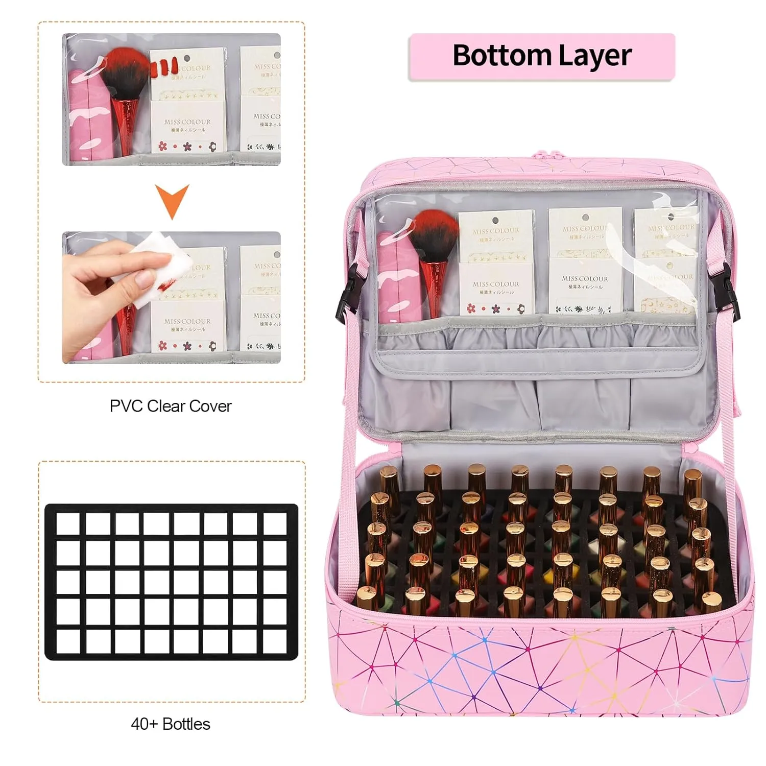 Ethereal Nail Polish Organizer Case Holds 50  Bottles (5ml/0.5fl.oz) and Nail Lamp, Leather Nails Storage Organizer with Compartment, Diamond Pink