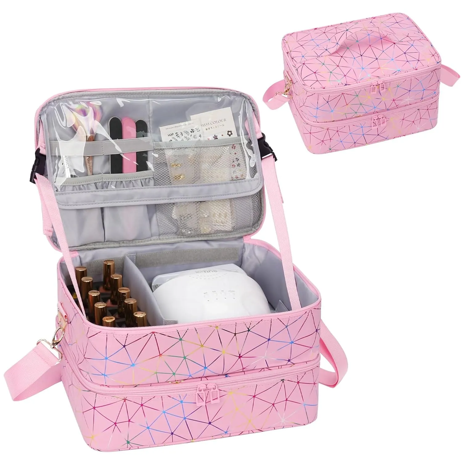 Ethereal Nail Polish Organizer Case Holds 50  Bottles (5ml/0.5fl.oz) and Nail Lamp, Leather Nails Storage Organizer with Compartment, Diamond Pink