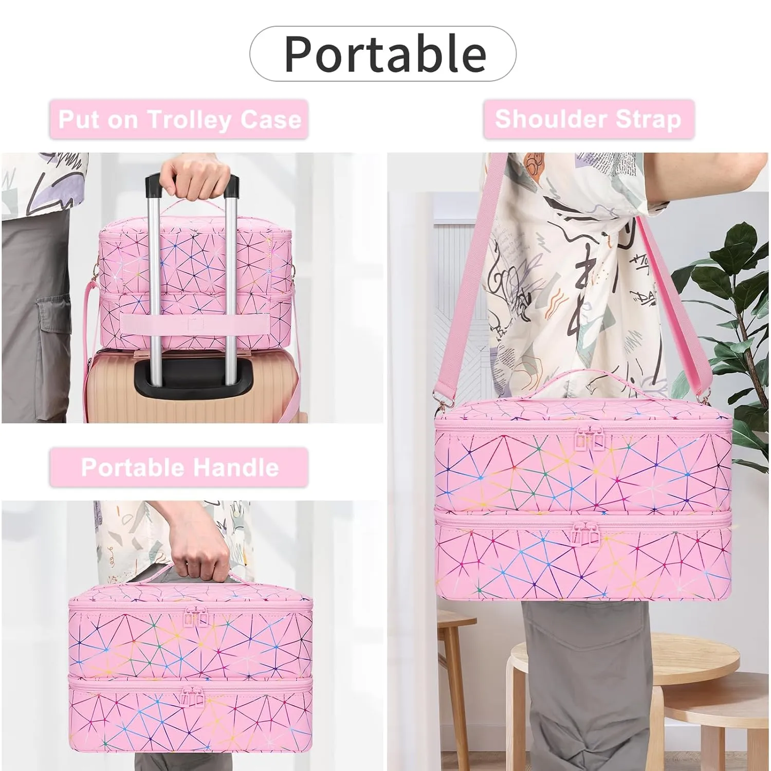 Ethereal Nail Polish Organizer Case Holds 50  Bottles (5ml/0.5fl.oz) and Nail Lamp, Leather Nails Storage Organizer with Compartment, Diamond Pink
