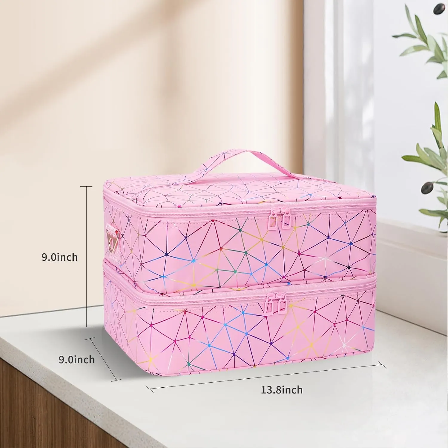 Ethereal Nail Polish Organizer Case Holds 50  Bottles (5ml/0.5fl.oz) and Nail Lamp, Leather Nails Storage Organizer with Compartment, Diamond Pink