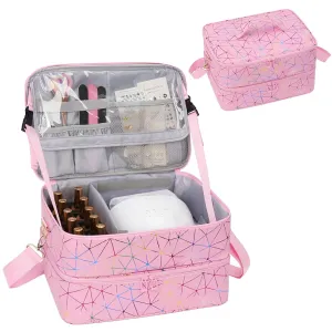 Ethereal Nail Polish Organizer Case Holds 50  Bottles (5ml/0.5fl.oz) and Nail Lamp, Leather Nails Storage Organizer with Compartment, Diamond Pink