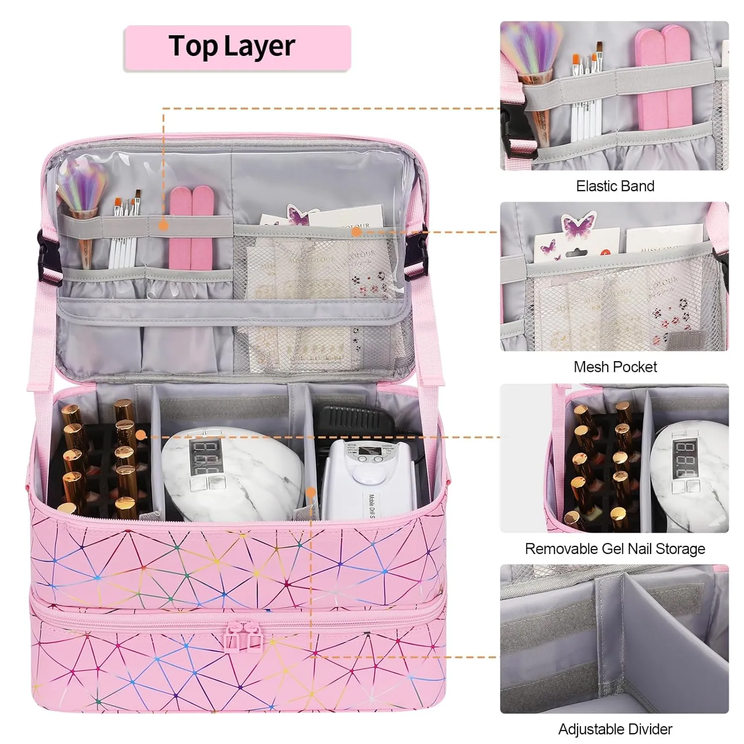 Ethereal Nail Polish Organizer Case Holds 50  Bottles (5ml/0.5fl.oz) and Nail Lamp, Leather Nails Storage Organizer with Compartment, Diamond Pink