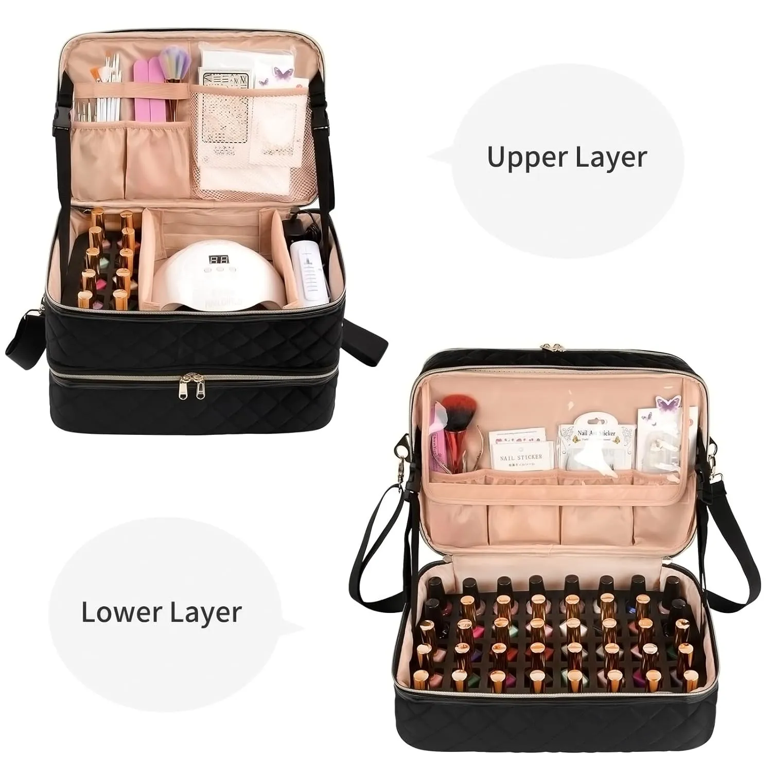 Ethereal Nail Polish Organizer Case Holds 50  Bottles(15ml/0.5fl.oz) and Nail Lamp, Double Layer Nail Polish Storage Bag for Nail Kit, Manicure Tools, Black