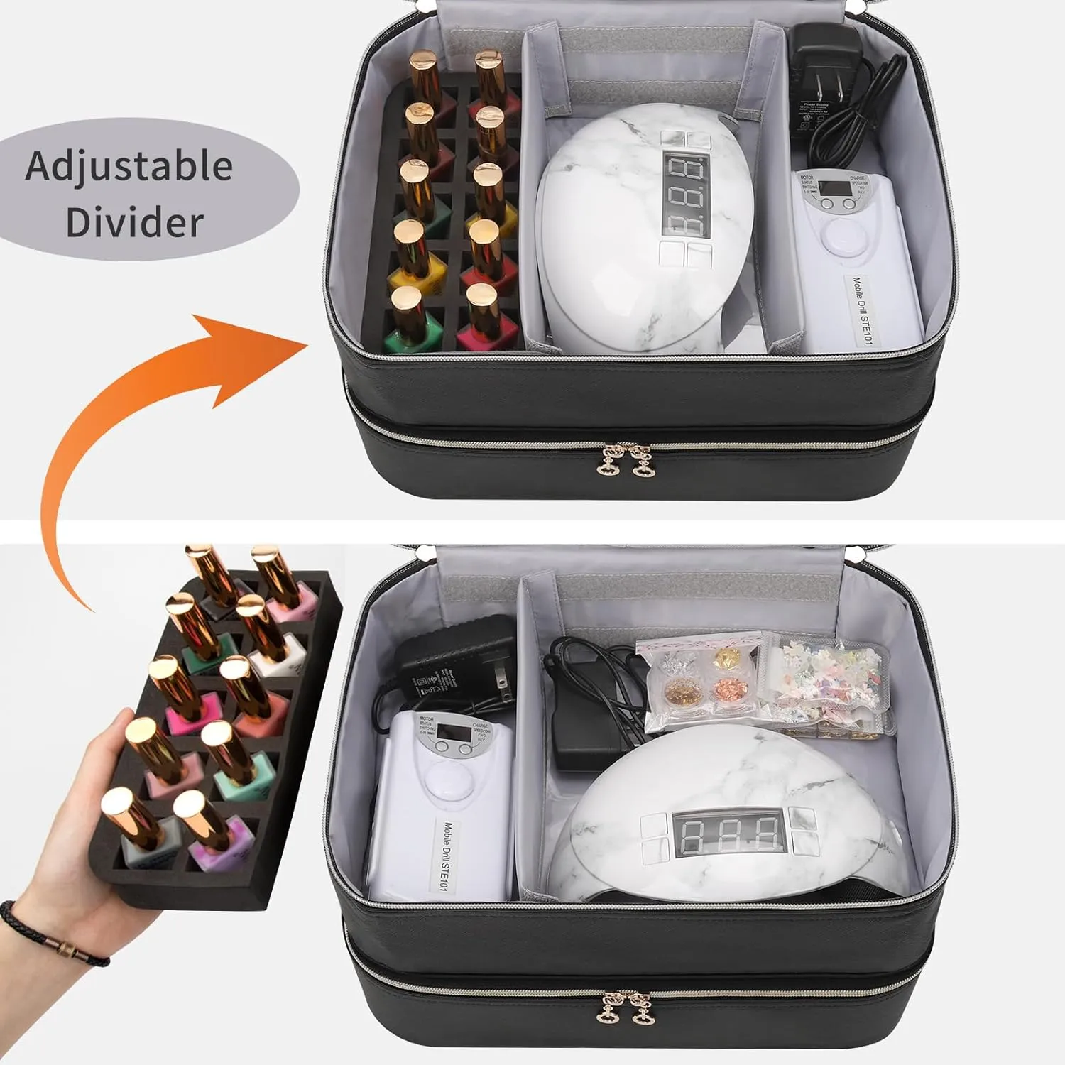 Ethereal Nail Polish Organizer Case, Leather Nail Polish Bag Holds 50  Bottles (5ml/0.5fl.oz) and Nail Lamp, Nail Storage Organizer with Compartment, Leather Black