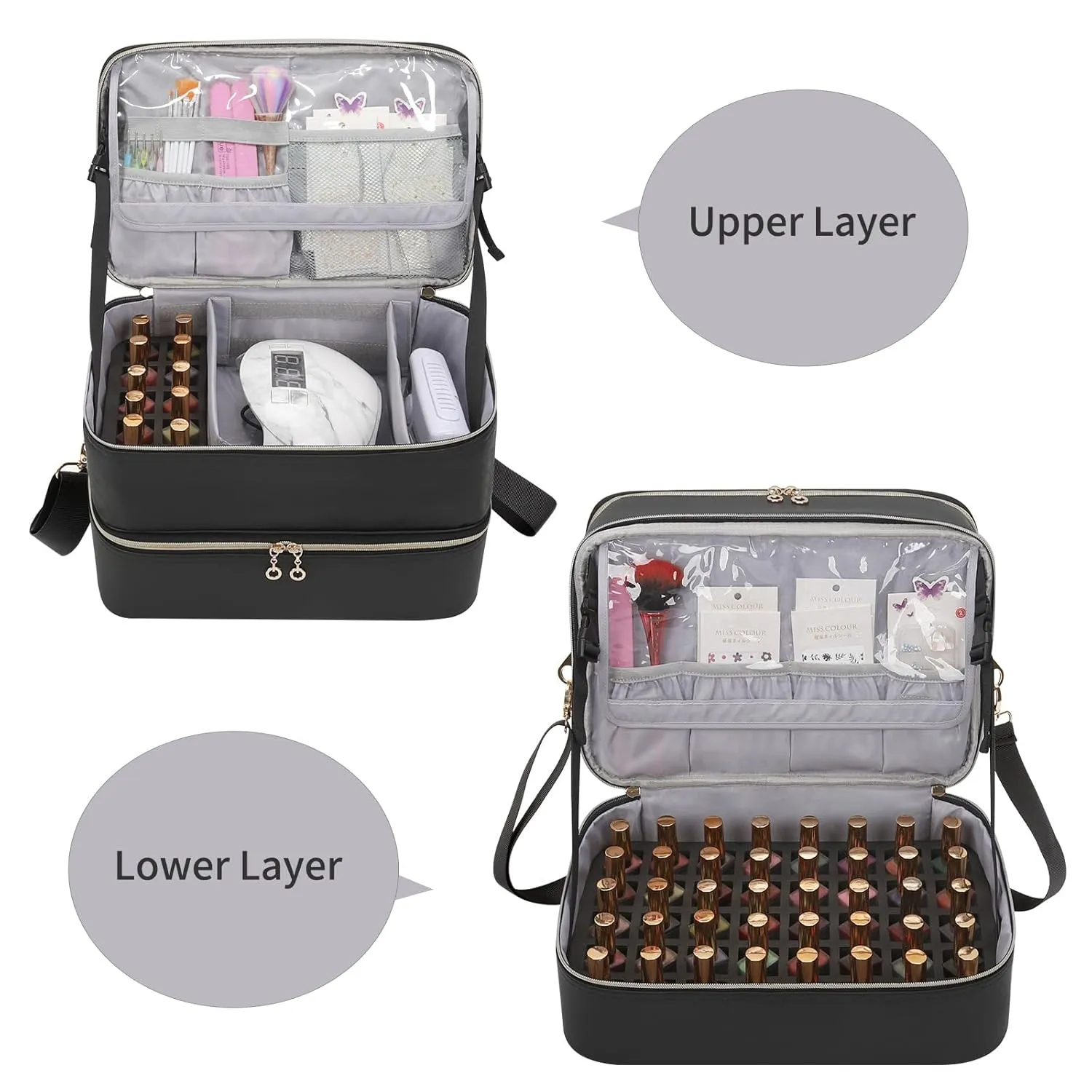 Ethereal Nail Polish Organizer Case, Leather Nail Polish Bag Holds 50  Bottles (5ml/0.5fl.oz) and Nail Lamp, Nail Storage Organizer with Compartment, Leather Black