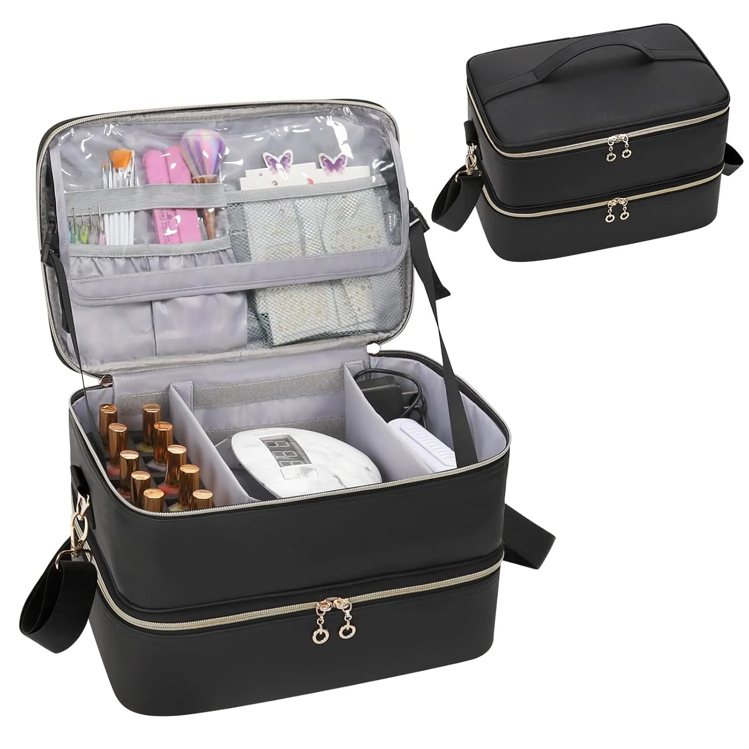 Ethereal Nail Polish Organizer Case, Leather Nail Polish Bag Holds 50  Bottles (5ml/0.5fl.oz) and Nail Lamp, Nail Storage Organizer with Compartment, Leather Black