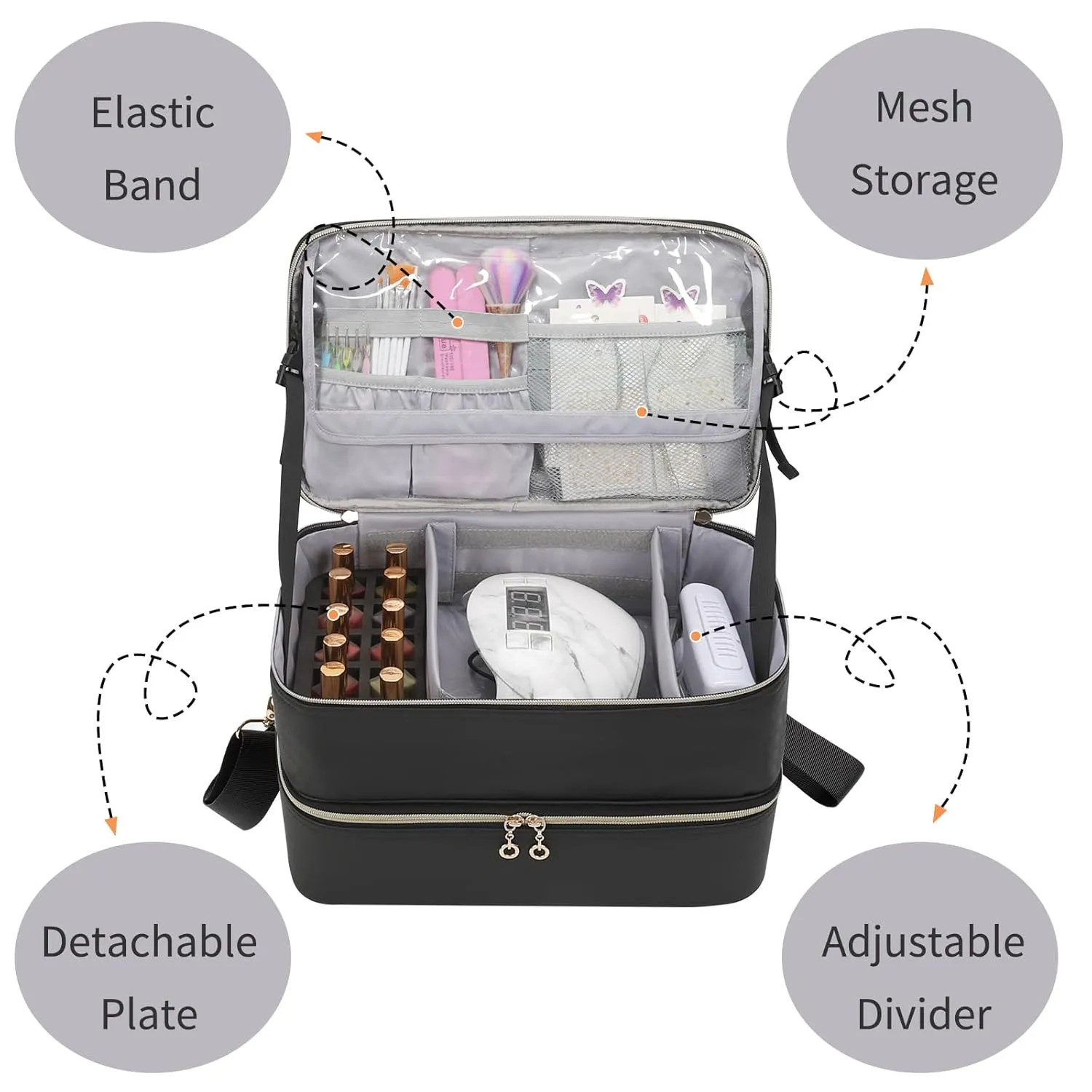 Ethereal Nail Polish Organizer Case, Leather Nail Polish Bag Holds 50  Bottles (5ml/0.5fl.oz) and Nail Lamp, Nail Storage Organizer with Compartment, Leather Black