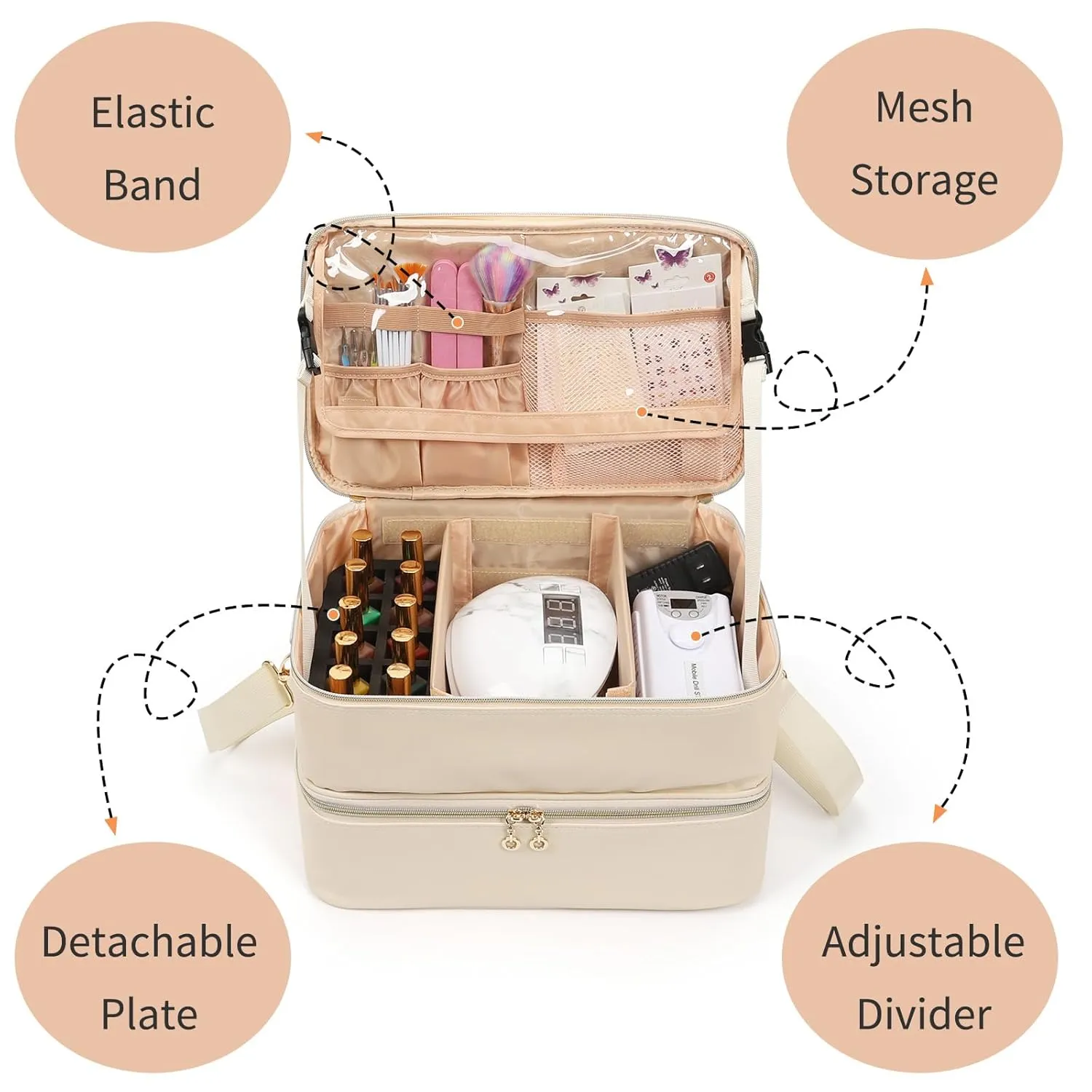 Ethereal Nail Polish Organizer Case, Leather Nail Polish Bag Holds 50  Bottles (5ml/0.5fl.oz) and Nail Lamp, Nail Storage Organizer with Compartment, Leather White