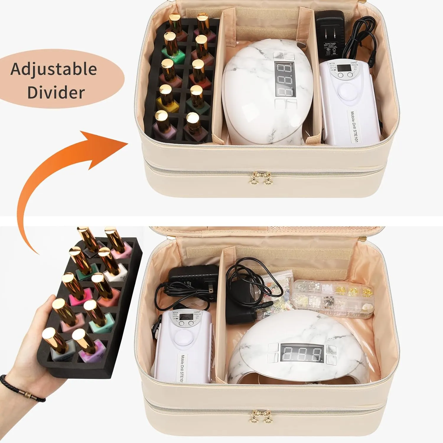 Ethereal Nail Polish Organizer Case, Leather Nail Polish Bag Holds 50  Bottles (5ml/0.5fl.oz) and Nail Lamp, Nail Storage Organizer with Compartment, Leather White