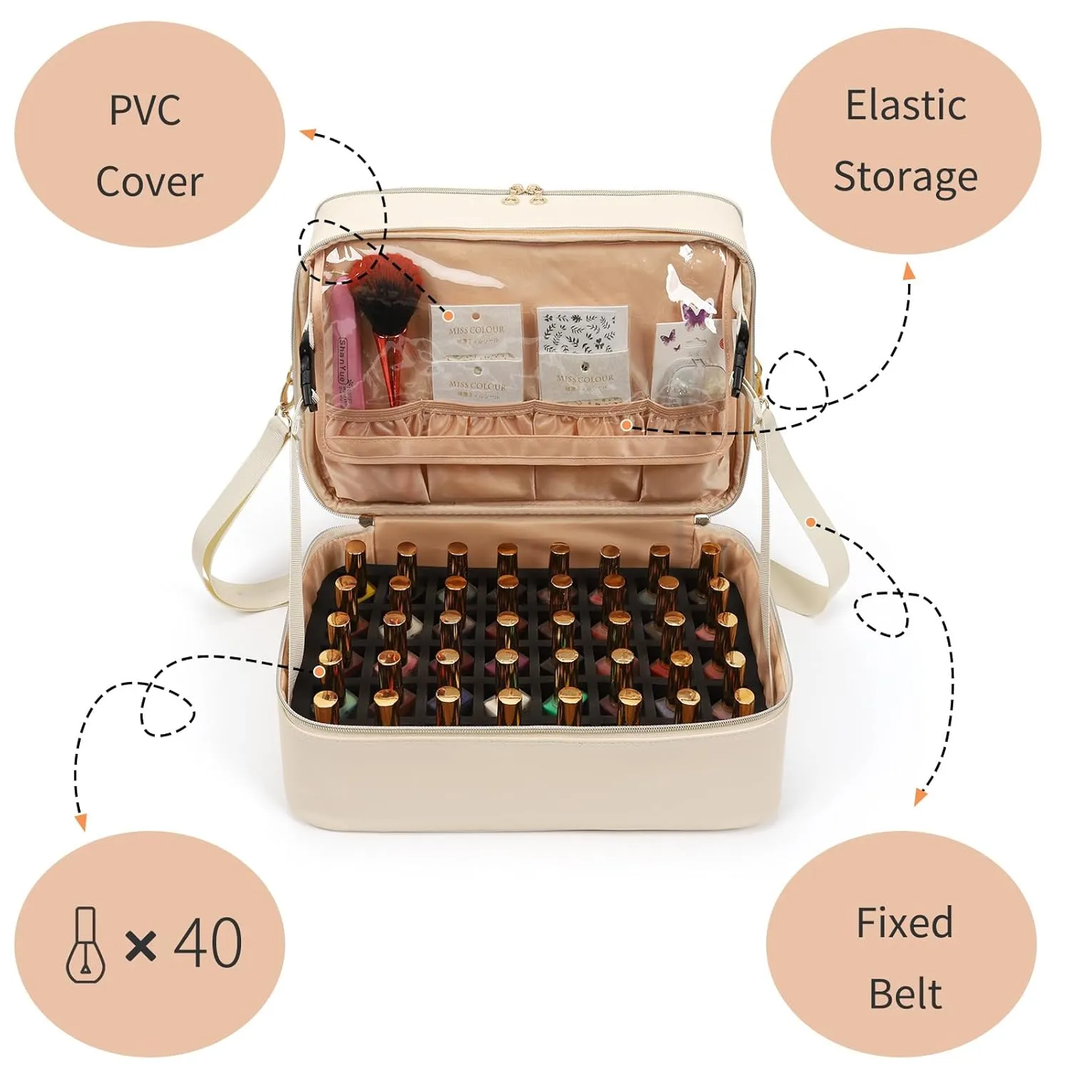 Ethereal Nail Polish Organizer Case, Leather Nail Polish Bag Holds 50  Bottles (5ml/0.5fl.oz) and Nail Lamp, Nail Storage Organizer with Compartment, Leather White