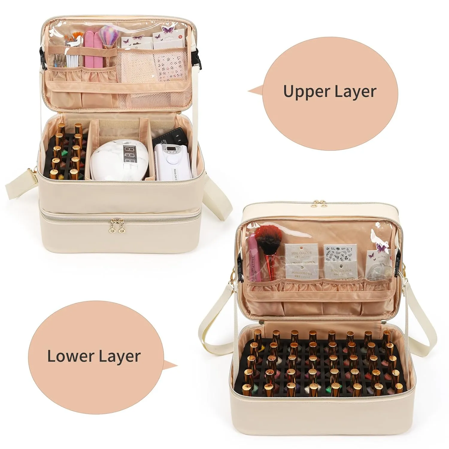 Ethereal Nail Polish Organizer Case, Leather Nail Polish Bag Holds 50  Bottles (5ml/0.5fl.oz) and Nail Lamp, Nail Storage Organizer with Compartment, Leather White