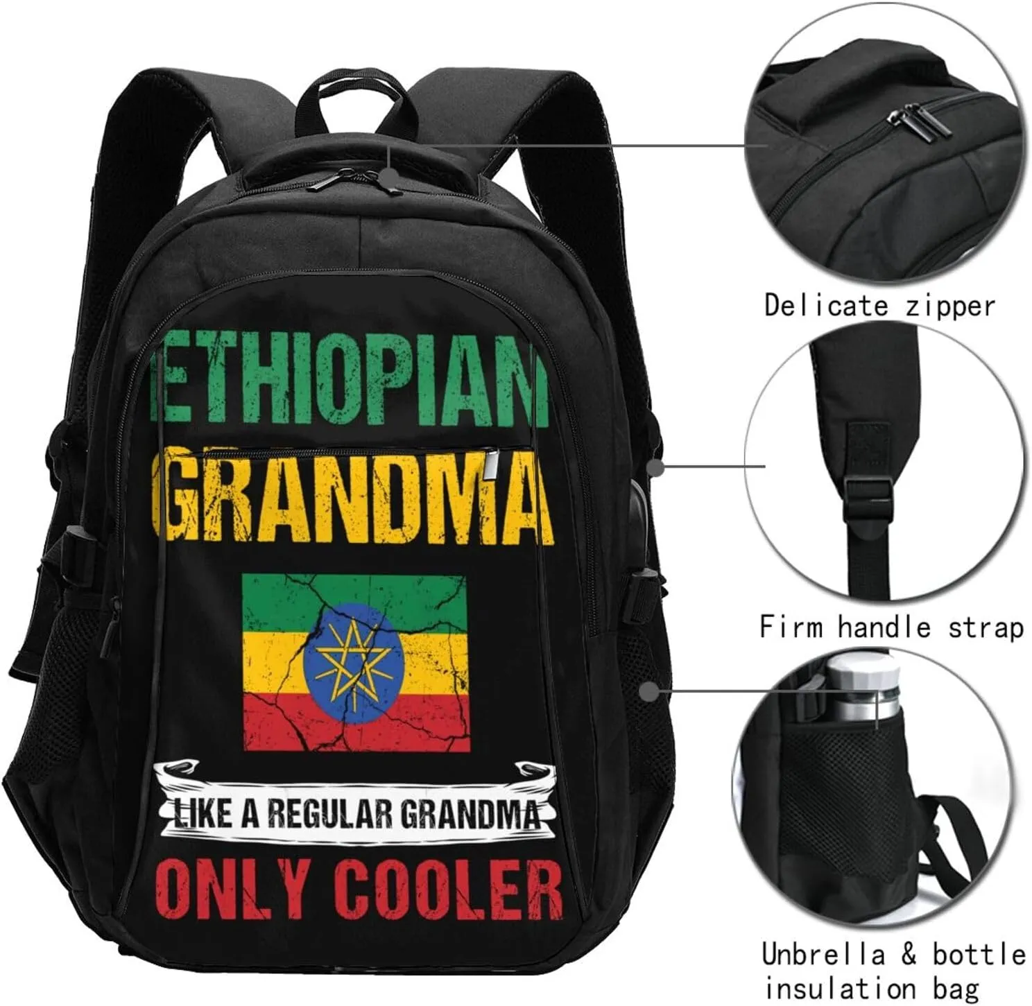 Ethiopia Flag Ethiopian Grandma Cool Casual Travel Backpacks Hiking Camping Backpack Large Outdoor Sport Daypack Laptop Rucksack Climbing Working Bags with USB Port