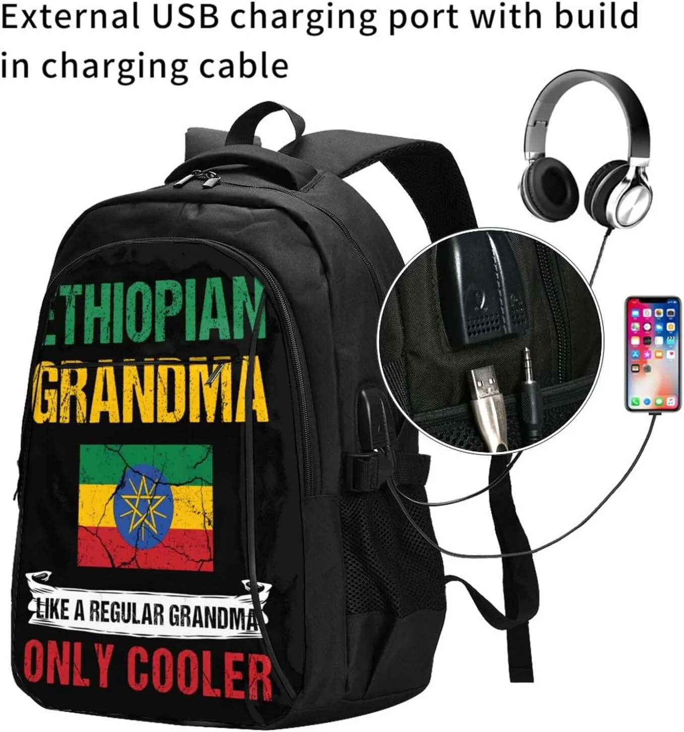 Ethiopia Flag Ethiopian Grandma Cool Casual Travel Backpacks Hiking Camping Backpack Large Outdoor Sport Daypack Laptop Rucksack Climbing Working Bags with USB Port