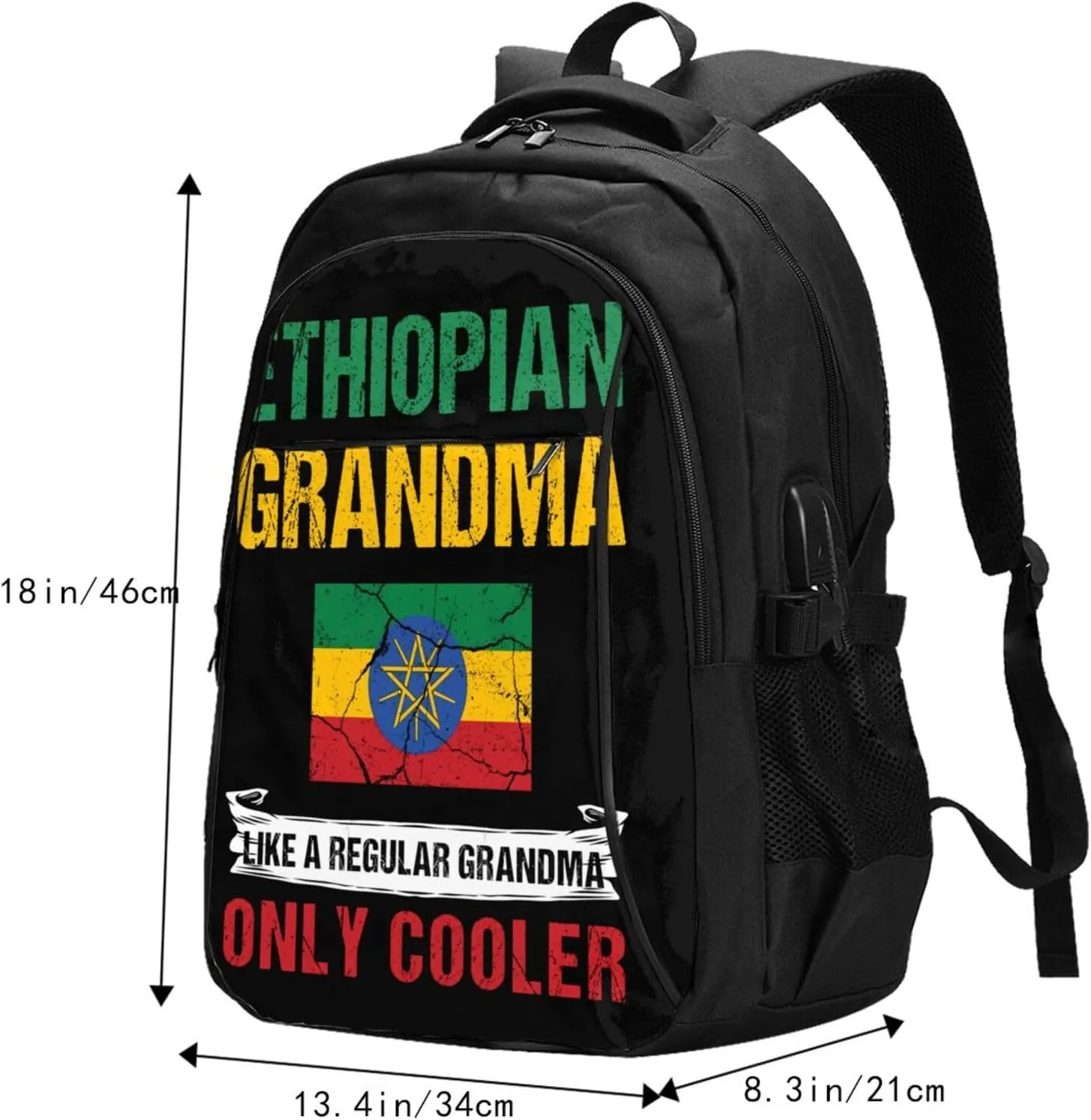 Ethiopia Flag Ethiopian Grandma Cool Casual Travel Backpacks Hiking Camping Backpack Large Outdoor Sport Daypack Laptop Rucksack Climbing Working Bags with USB Port