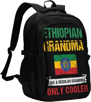 Ethiopia Flag Ethiopian Grandma Cool Casual Travel Backpacks Hiking Camping Backpack Large Outdoor Sport Daypack Laptop Rucksack Climbing Working Bags with USB Port
