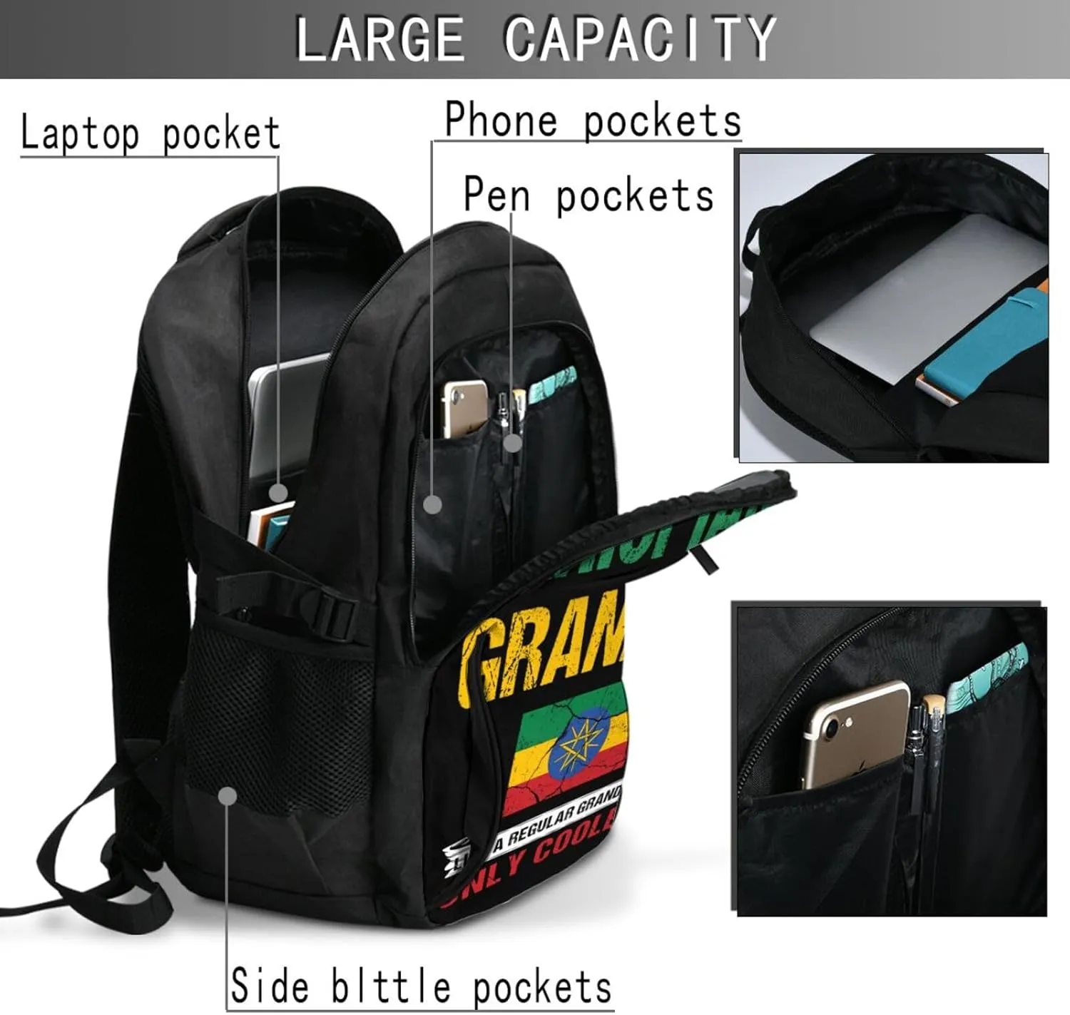 Ethiopia Flag Ethiopian Grandma Cool Casual Travel Backpacks Hiking Camping Backpack Large Outdoor Sport Daypack Laptop Rucksack Climbing Working Bags with USB Port