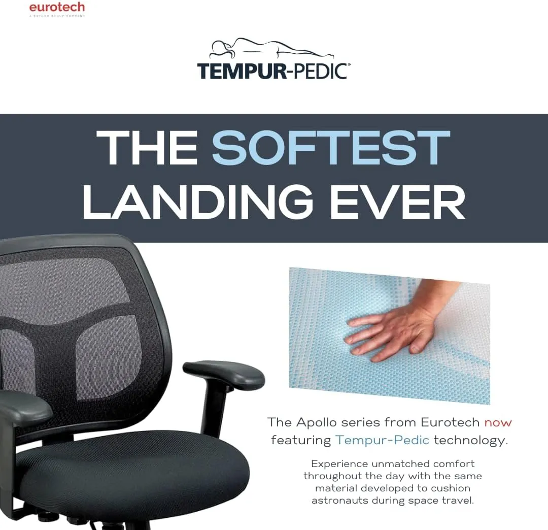 Eurotech Seating Apollo Ergonomic Office Drafting Stool with TEMPUR® Cushioned Seat, Mesh Back, and Foot Ring, Swivel Executive Task Office Chair, Black (with TEMPUR-Material)