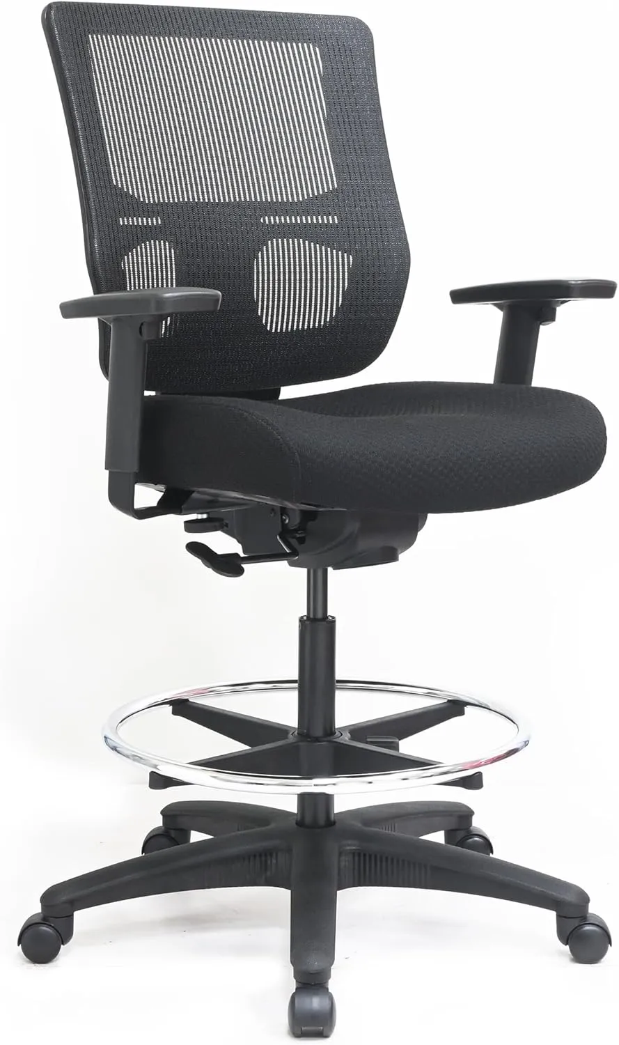 Eurotech Seating Apollo II Extended Height Ergonomic Office Drafting Stool with TEMPUR® Cushioned Seat, Mesh Back, and Foot Ring, Swivel Executive Task Office Chair, Black