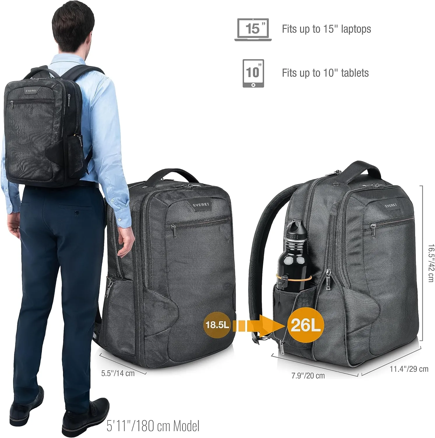 Everki Studio Expandable 15 Inch MacBook & Laptop Backpack for Men & Women, Professional Men's Office Backpack, Travel Friendly Computer Back Pack & Bookbag Offers 26L Capacity, Travel Bagpack Black