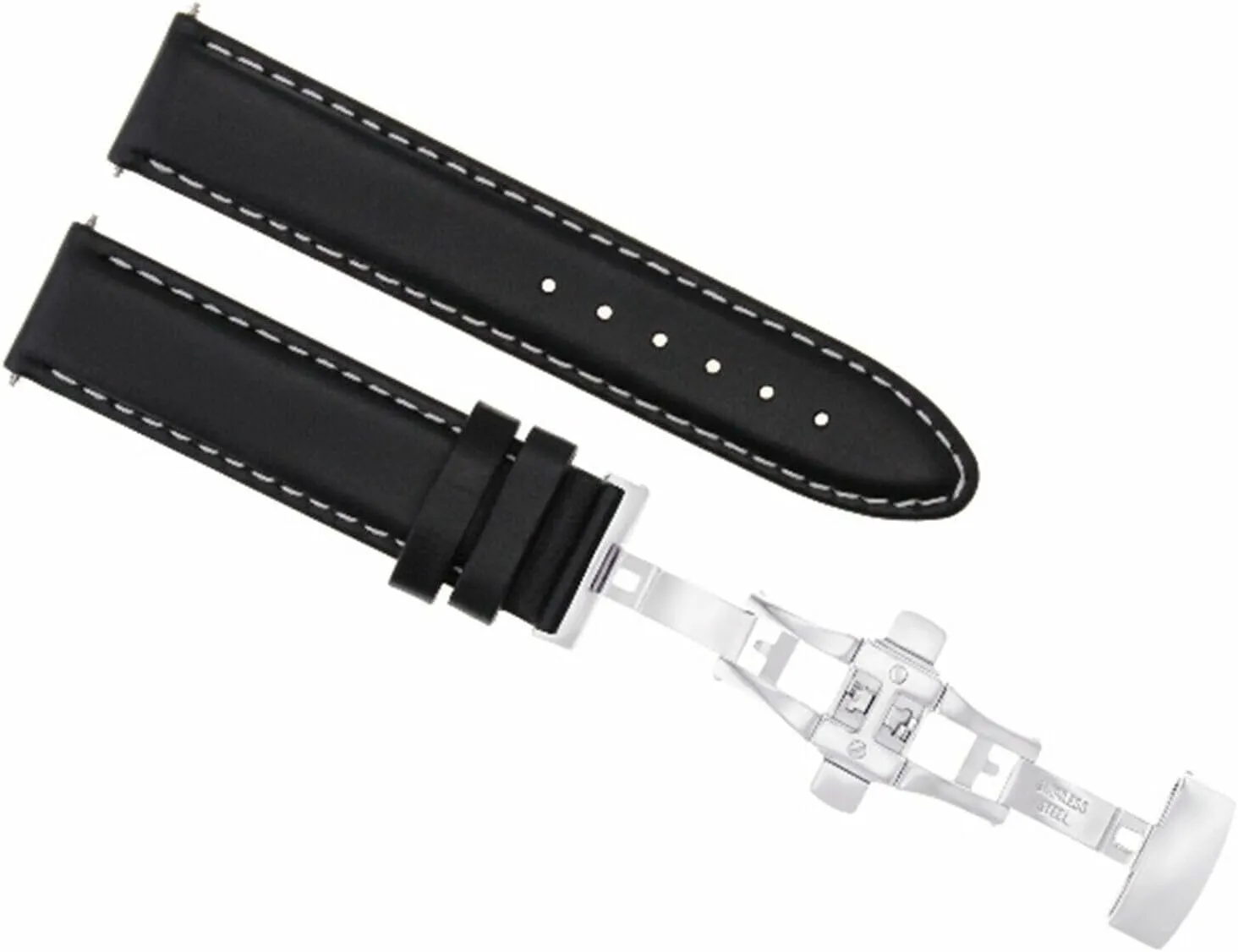 Ewatchparts 22mm Leather Watch Band Smooth Strap Compatible With Ulysse Nardin Deployment Clasp Black With White Stitching