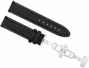 Ewatchparts 22mm Leather Watch Band Smooth Strap Compatible With Ulysse Nardin Deployment Clasp Black With White Stitching