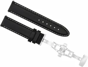 Ewatchparts 22mm Smooth Leather Watch Band Strap Deployment Buckle Compatible With Breguet Black With White Stitching